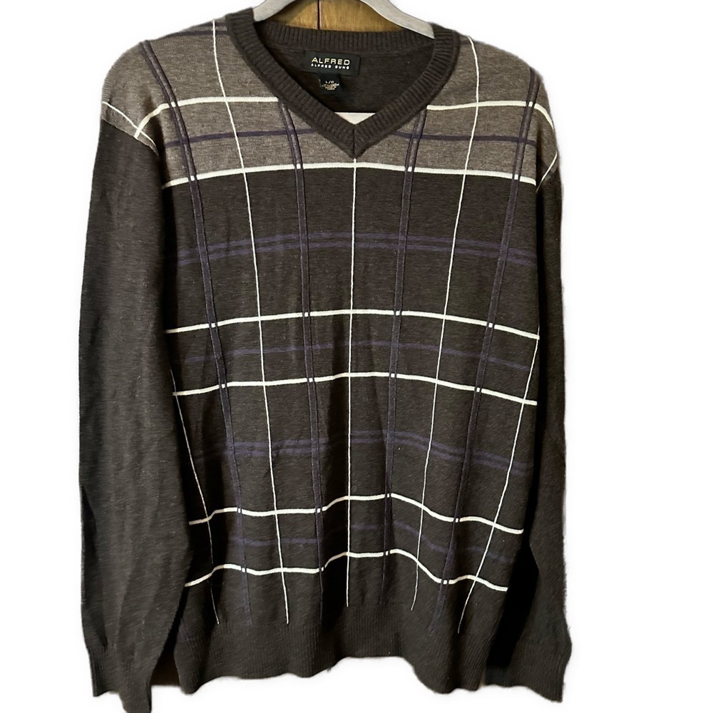 Alfred Sung Men’s Checker Plaid Stripe V-Neck Wool Cashmere Sweater Brown Size L